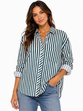 Jane and Delancey Green and White Vertical Stripe Button-Down Shirt